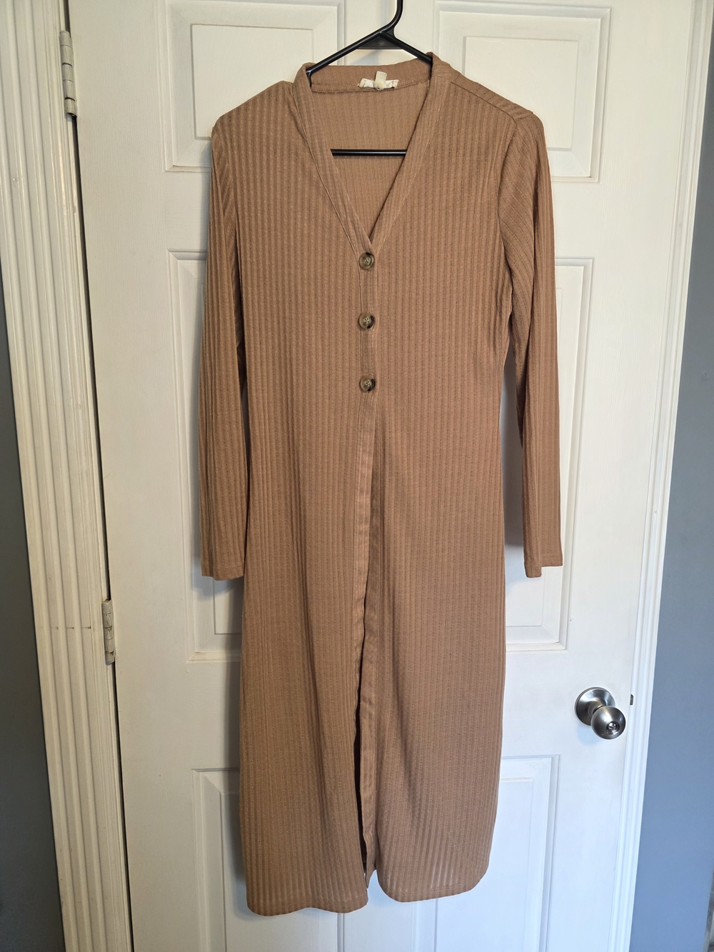 Ribbed Longline Button-Front Dress in Camel